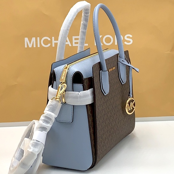 MICHAEL KORS MERCER MEDIUM TOP ZIP BELTED SATCHEL BROWN/ PALE BLUE SIGNATURE - Picture 4 of 16